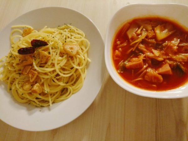 ペペロンチーノとスープ